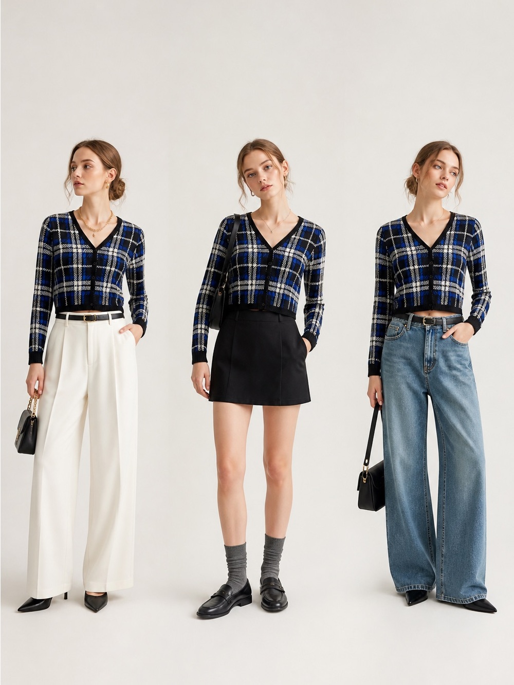 Hollister Button Down Women's M Preppy Blue Black Plaid V-Neck Cropped Cardigan